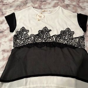 Lace Detailed Black & White Blouse